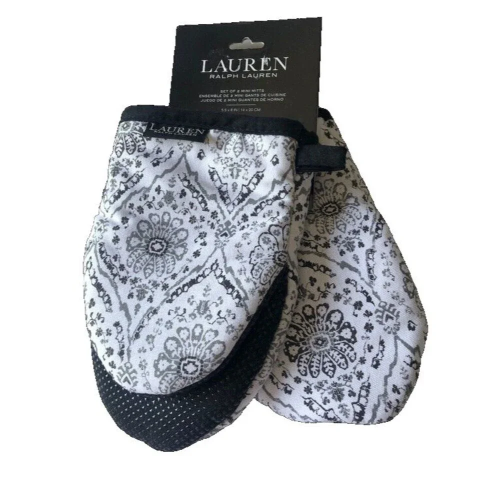 Ralph Lauren Medallion Mini Oven Mitts Neoprene Grips White Gray Black Set of 2